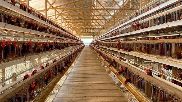 Intérieur d'un bâtiment d'élevage de poules pondeuses en batterie, vue en enfilade