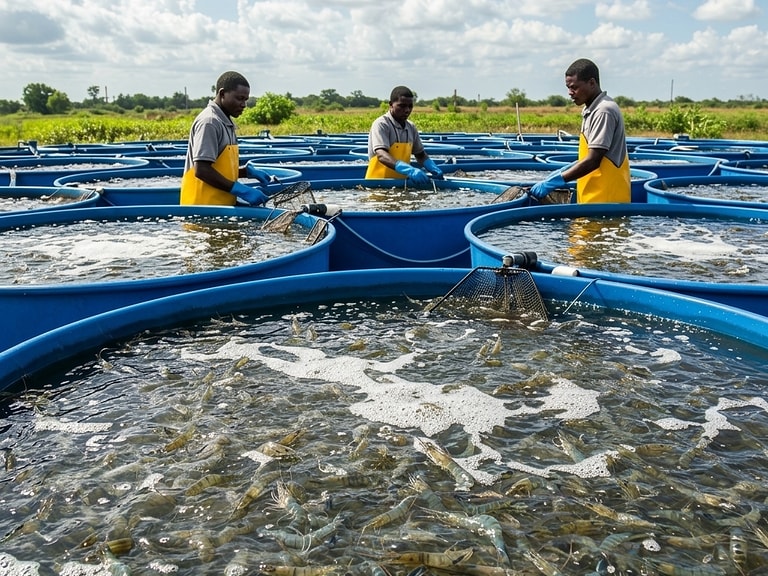 Équipe travaillant sur des bassins circulaires de pisciculture en plein air